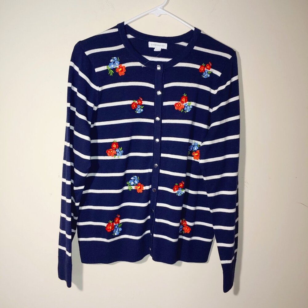 Charter Club Striped Embroidered Button Cardigan Size L Intrepid Blue Combo